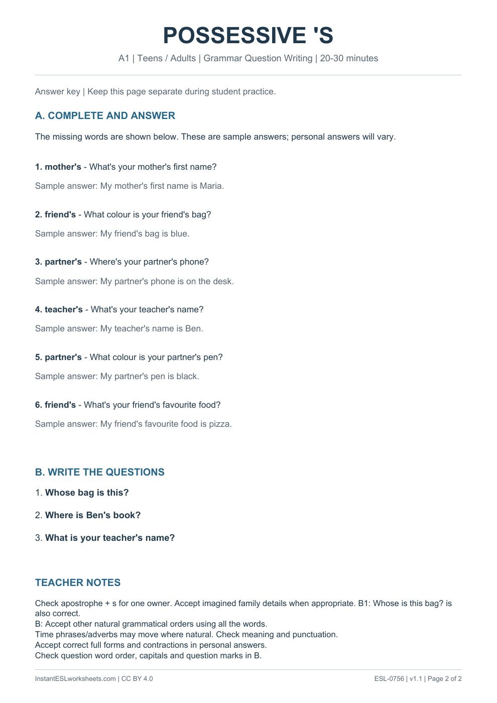 Page 2 of Possessive 's - Grammar Question Writing - answer key