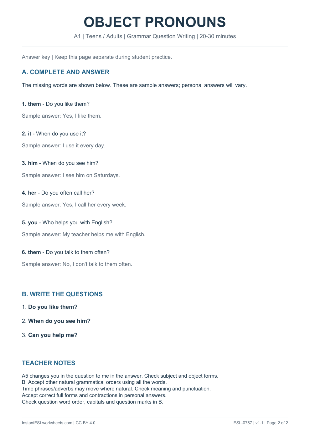 Page 2 of Object Pronouns - Grammar Question Writing - answer key