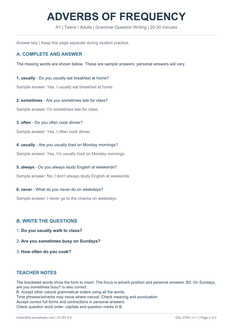 Page 2 of Adverbs of Frequency - Grammar Question Writing - answer key