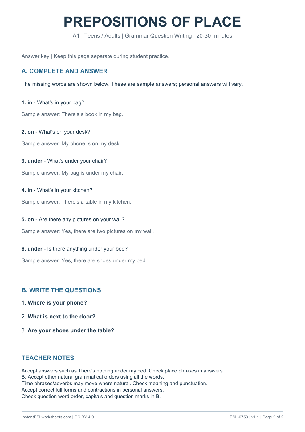 Page 2 of Prepositions of Place - Grammar Question Writing - answer key