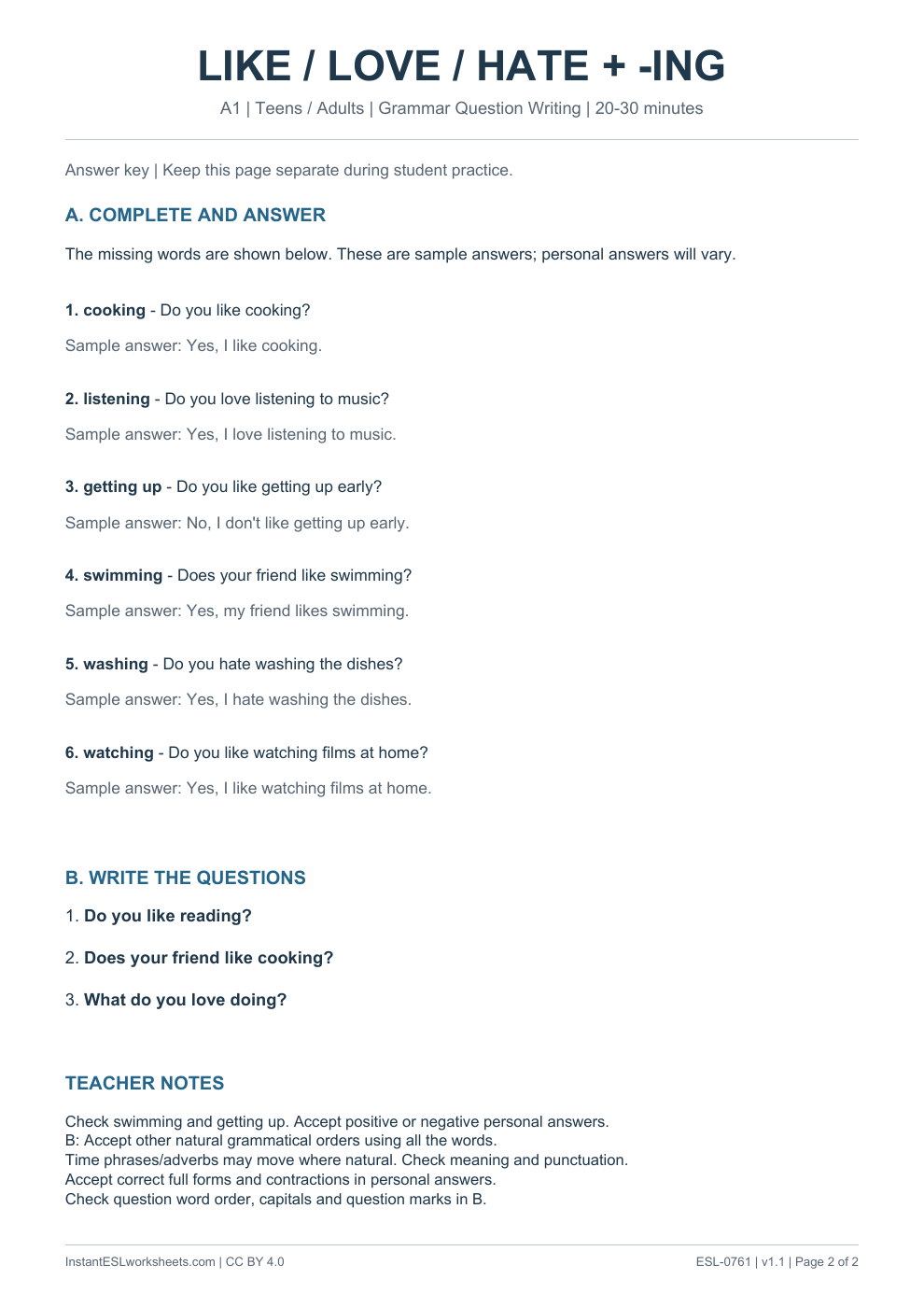 Page 2 of Like, Love and Hate + -ing - Grammar Question Writing - answer key