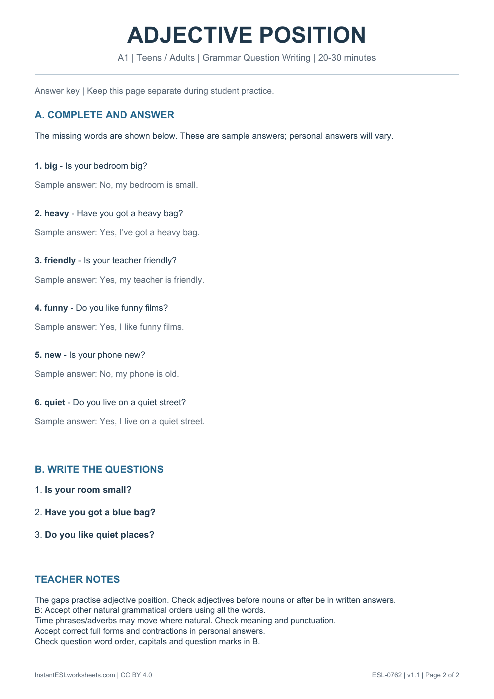 Page 2 of Basic Adjective Position - Grammar Question Writing - answer key