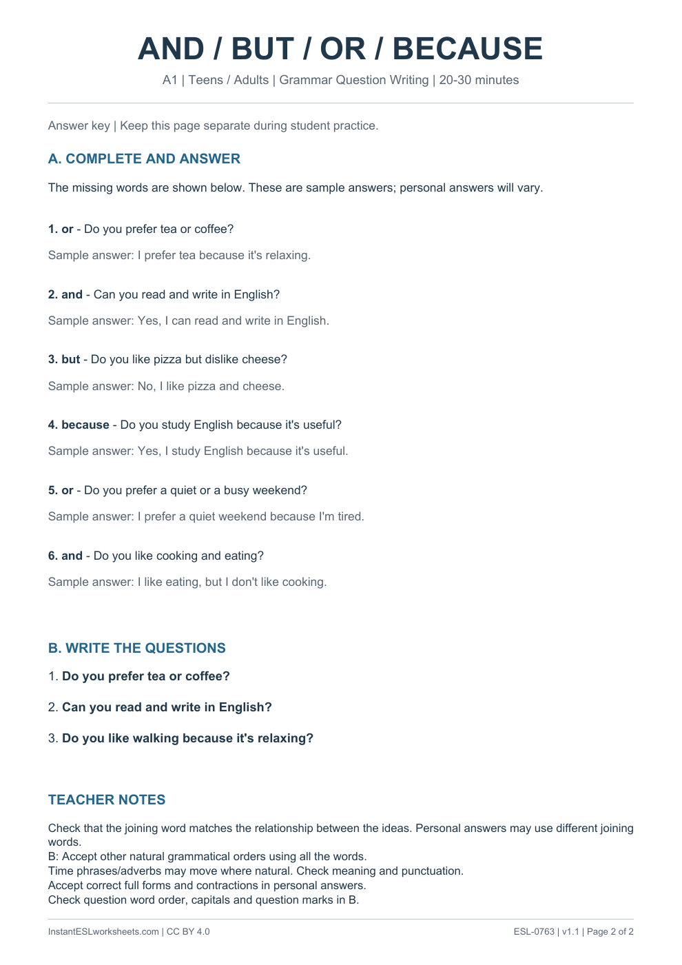 Page 2 of And But Or Because - Grammar Question Writing - answer key