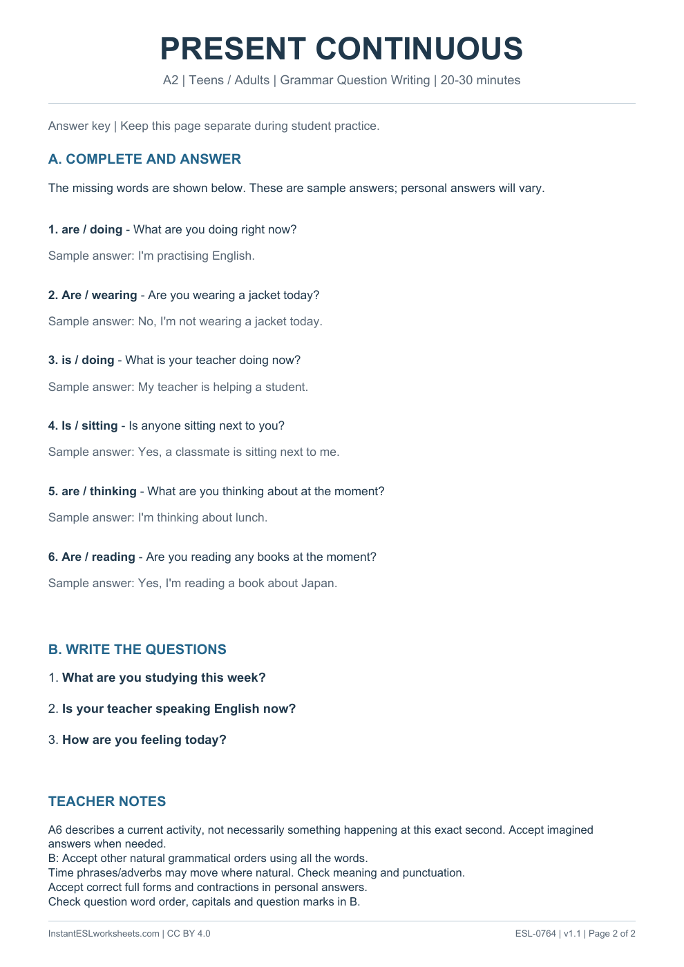Page 2 of Present Continuous - Grammar Question Writing - answer key