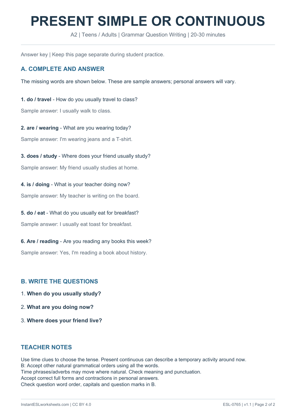 Page 2 of Present Simple or Present Continuous - Grammar Question Writing - answer key