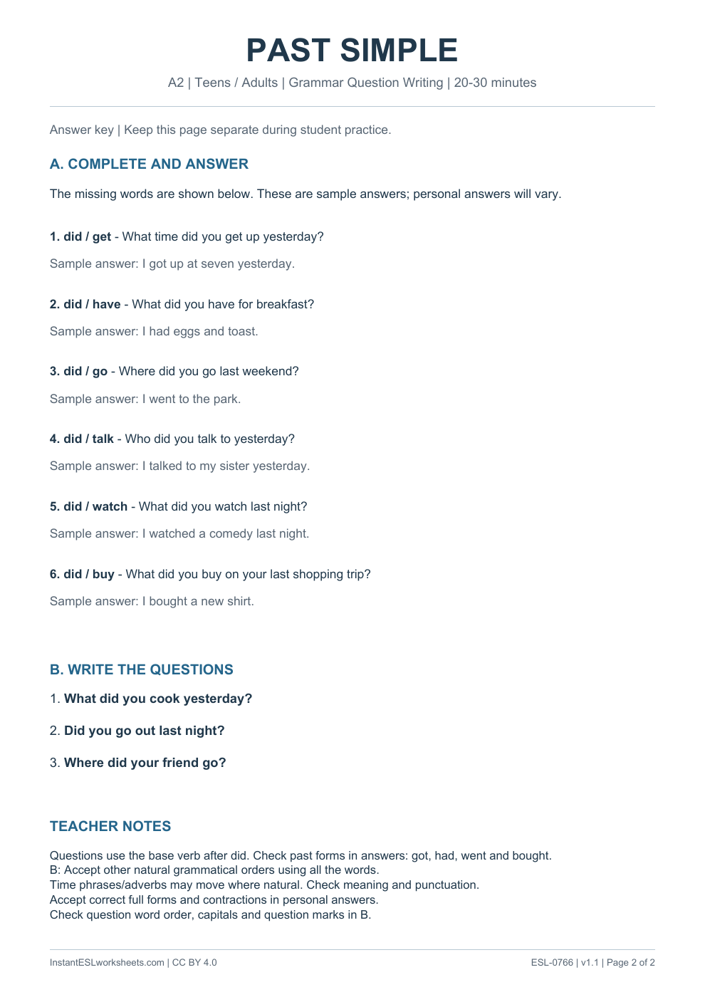 Page 2 of Past Simple - Grammar Question Writing - answer key