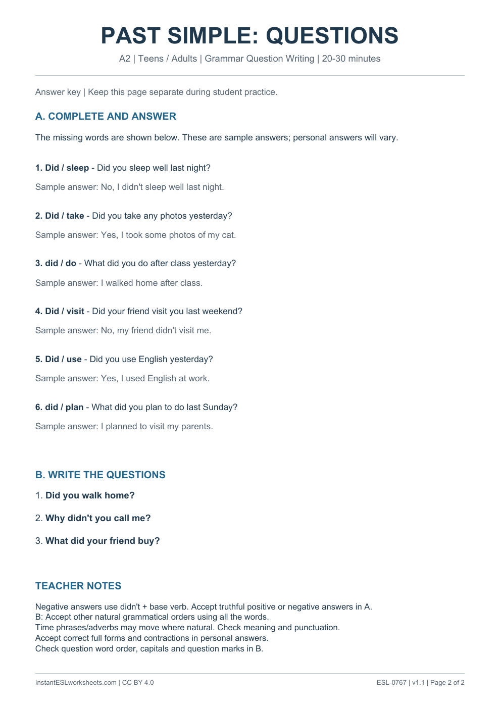 Page 2 of Past Simple Questions and Negatives - Grammar Question Writing - answer key