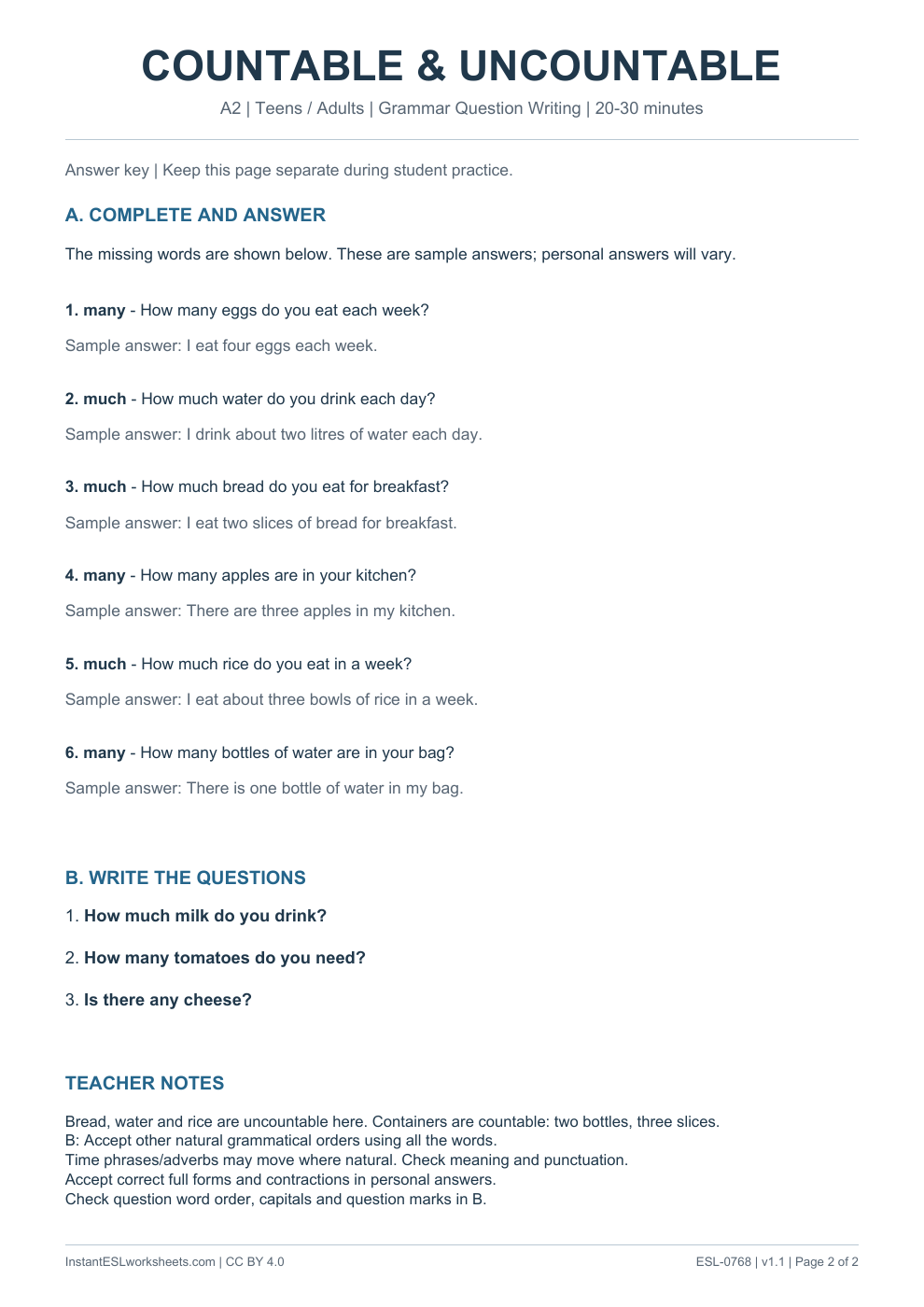 Page 2 of Countable and Uncountable Nouns - Grammar Question Writing - answer key