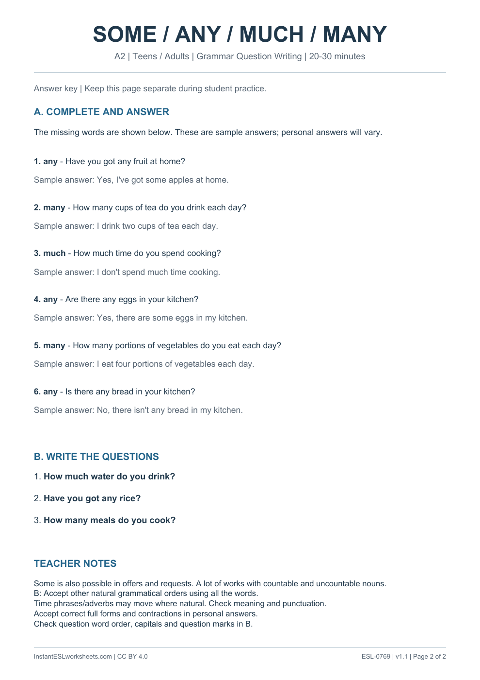 Page 2 of Some Any Much Many A Lot of - Grammar Question Writing - answer key