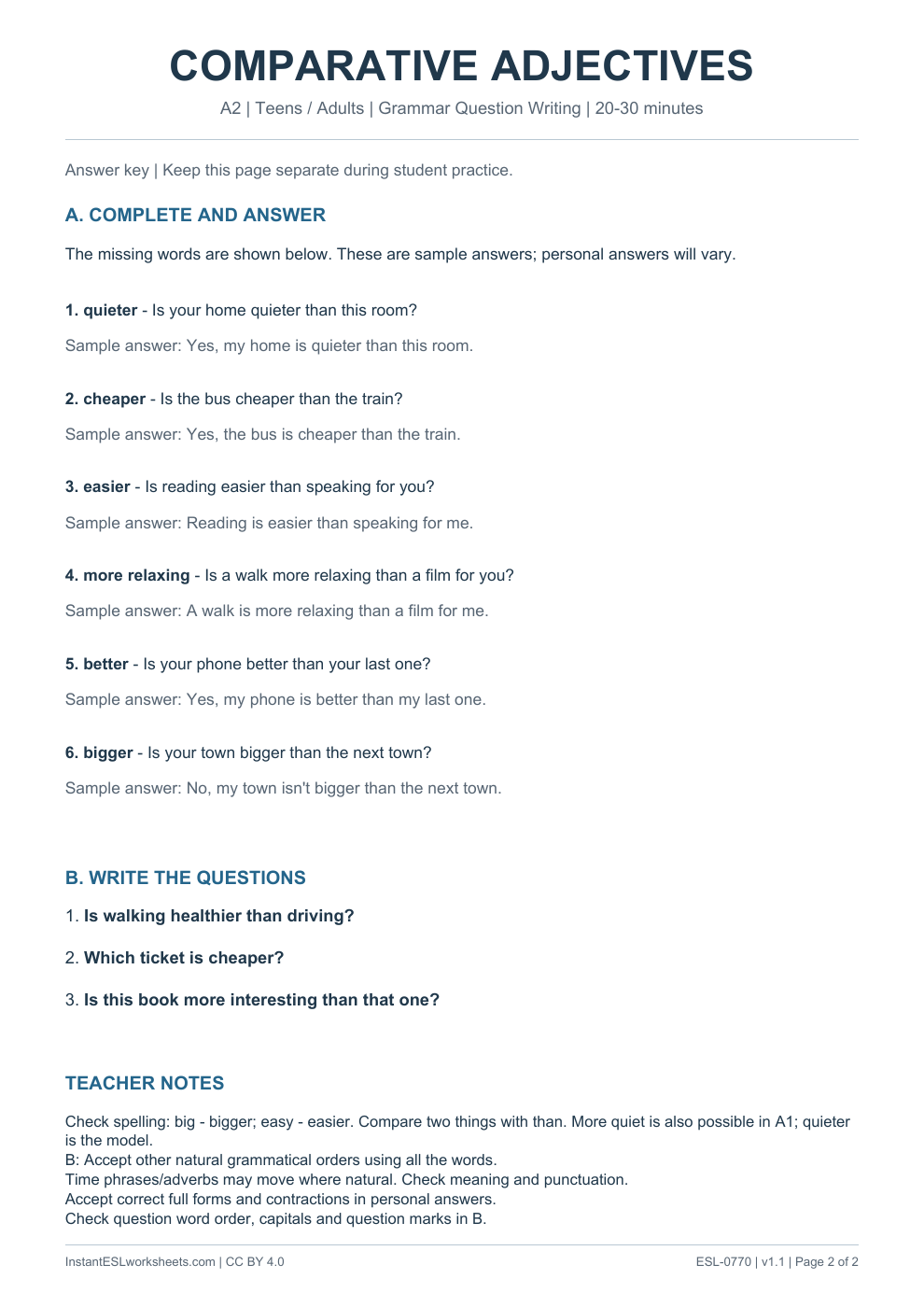 Page 2 of Comparative Adjectives - Grammar Question Writing - answer key