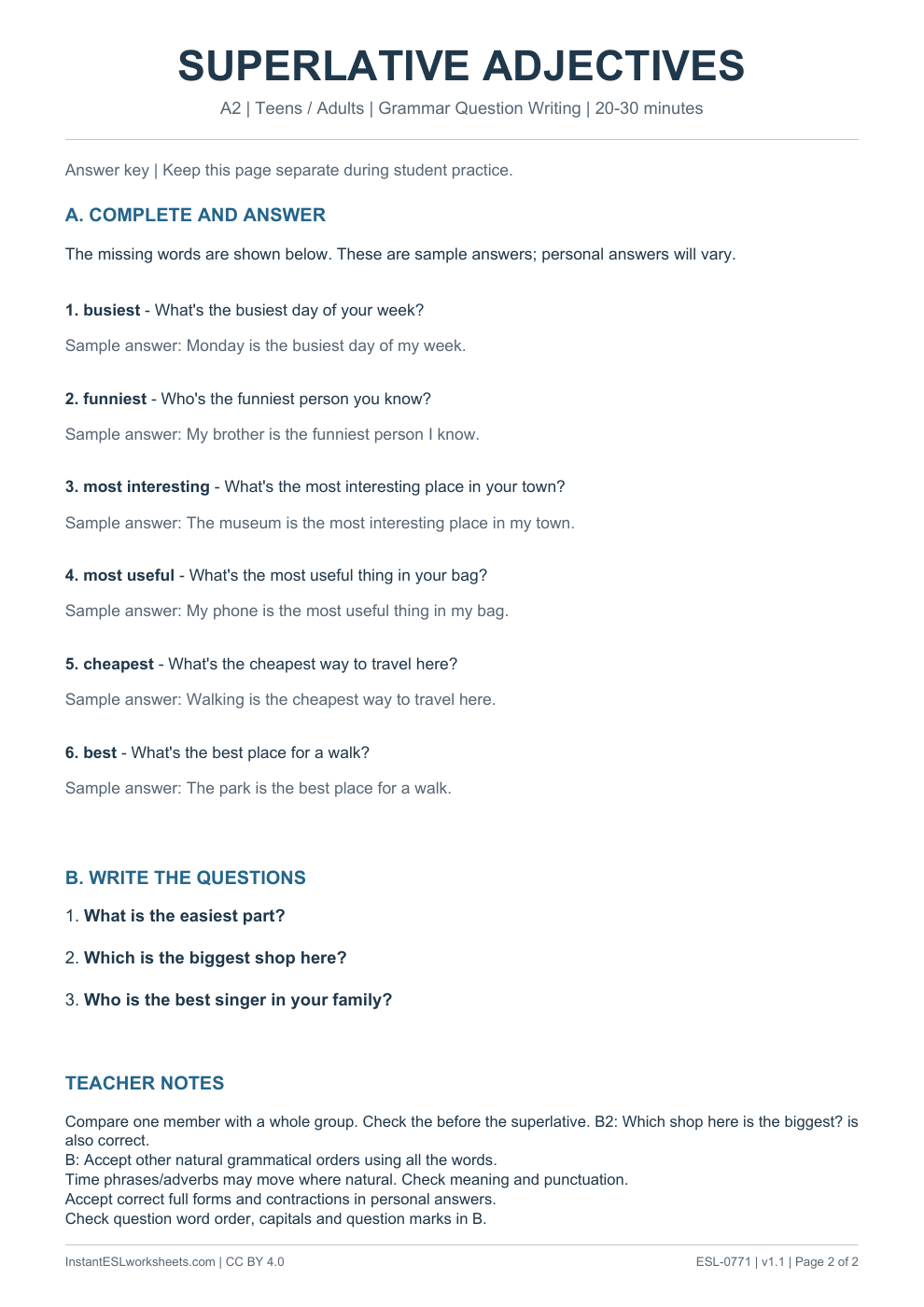 Page 2 of Superlative Adjectives - Grammar Question Writing - answer key