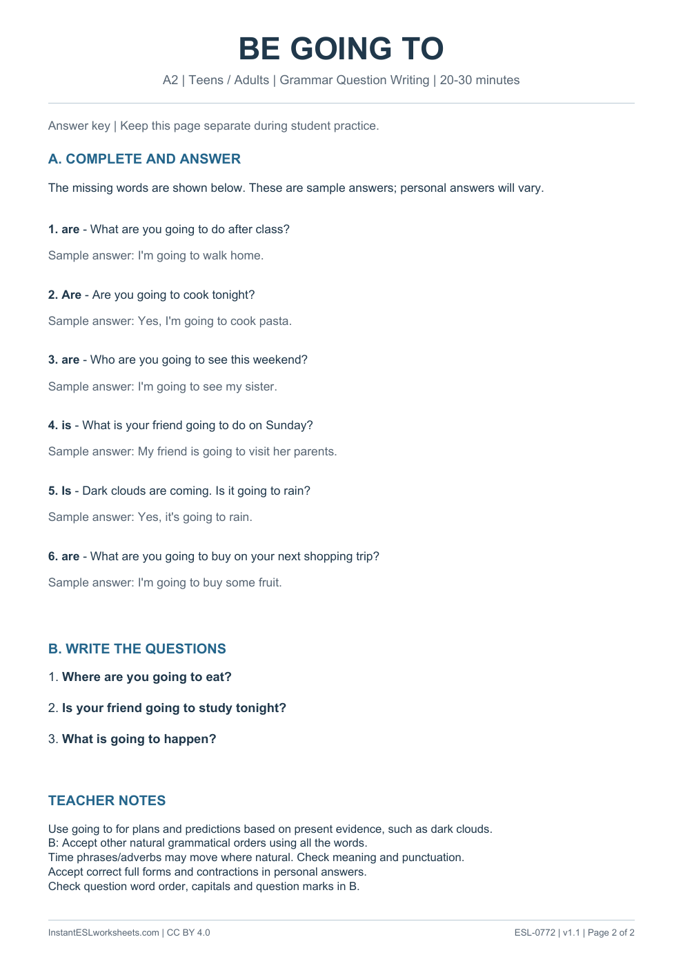 Page 2 of Be Going To Plans and Predictions - Grammar Question Writing - answer key