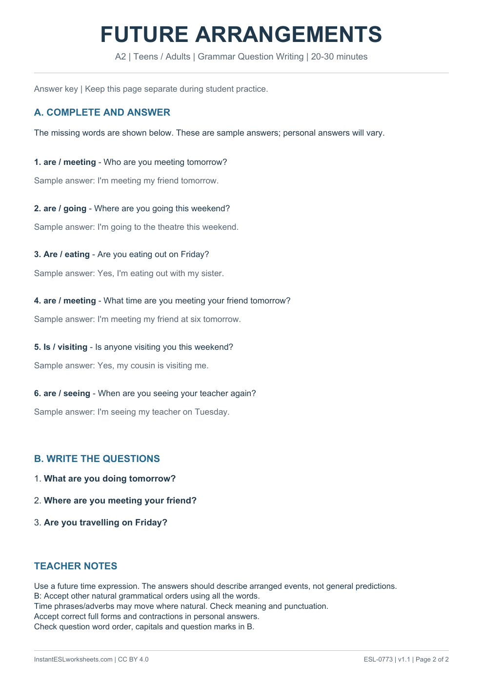 Page 2 of Present Continuous Future Arrangements - Grammar Question Writing - answer key