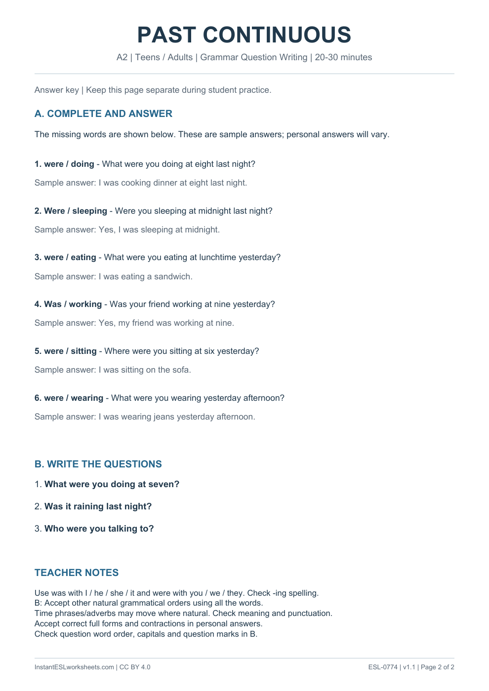 Page 2 of Past Continuous - Grammar Question Writing - answer key