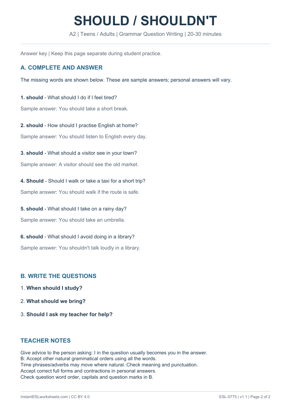 Page 2 of Should / Shouldn't - Grammar Question Writing - answer key