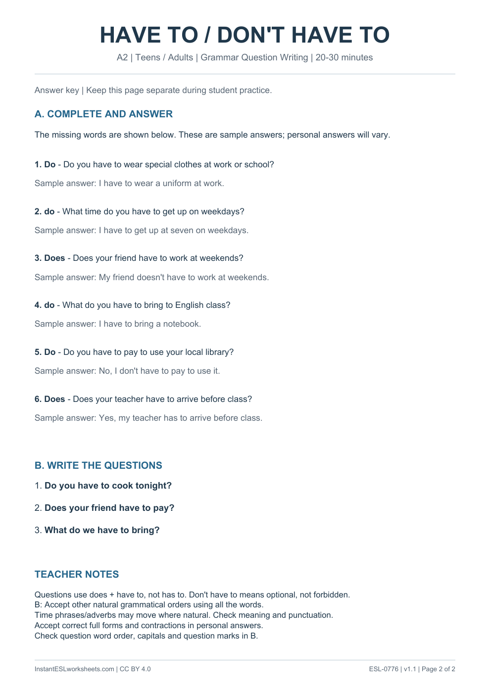 Page 2 of Have To / Don't Have To - Grammar Question Writing - answer key