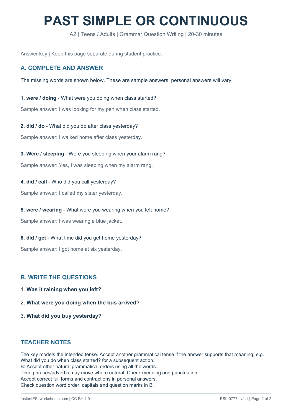 Page 2 of Past Simple or Past Continuous - Grammar Question Writing - answer key