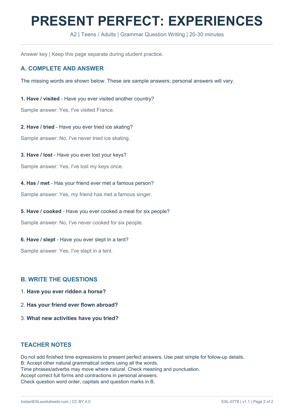 Page 2 of Present Perfect Experiences - Grammar Question Writing - answer key