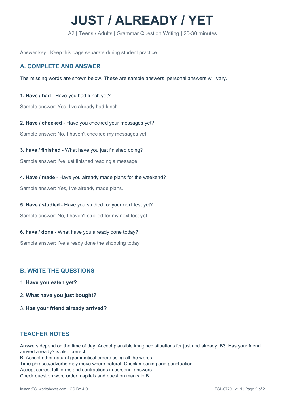 Page 2 of Present Perfect Just Already Yet - Grammar Question Writing - answer key