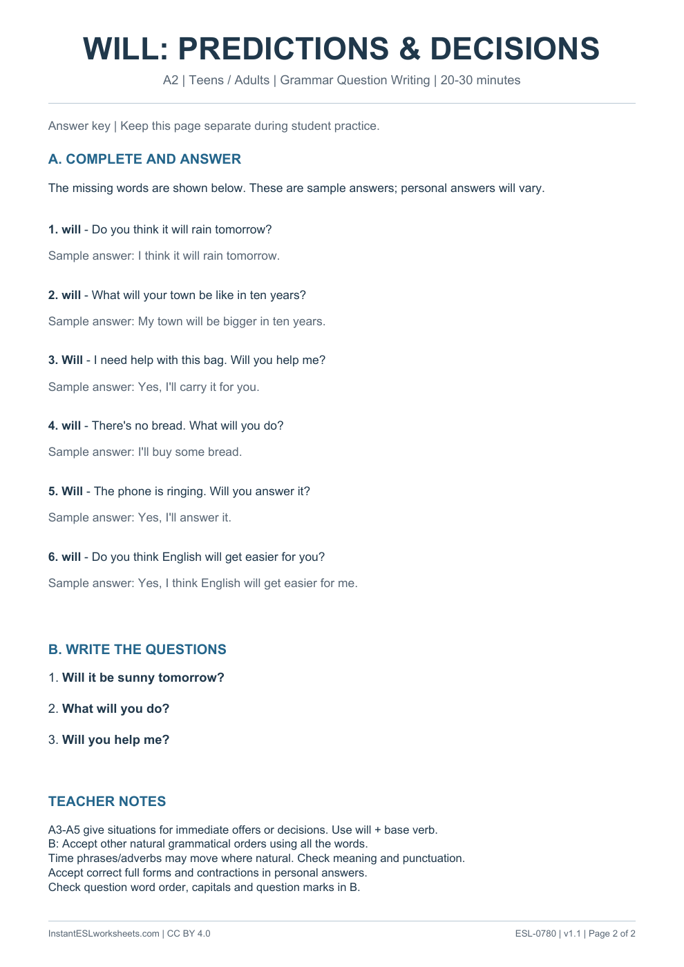 Page 2 of Will Predictions and Quick Decisions - Grammar Question Writing - answer key