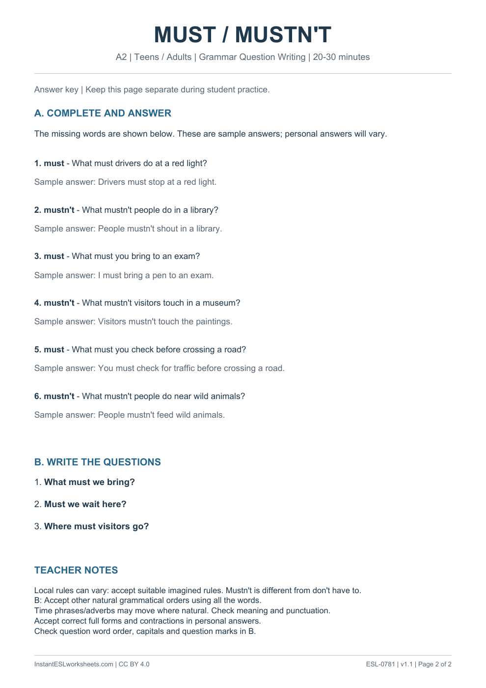 Page 2 of Must / Mustn't - Grammar Question Writing - answer key