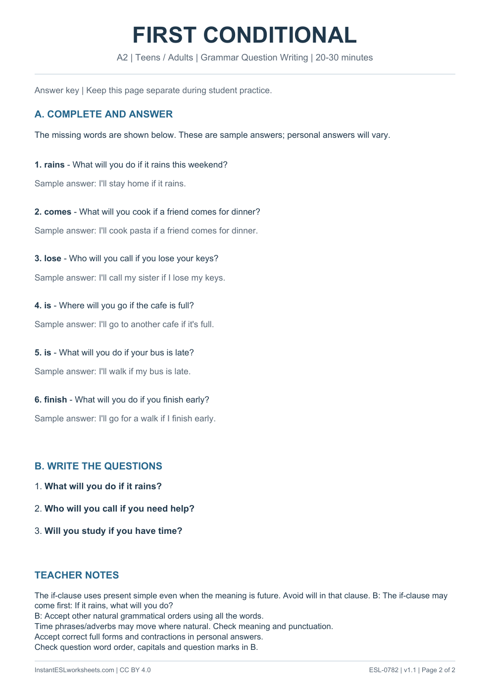 Page 2 of First Conditional - Grammar Question Writing - answer key