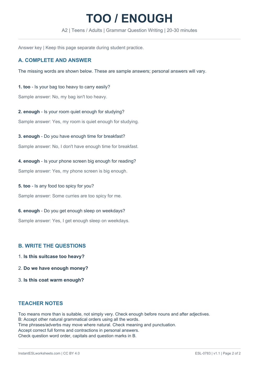 Page 2 of Too and Enough - Grammar Question Writing - answer key