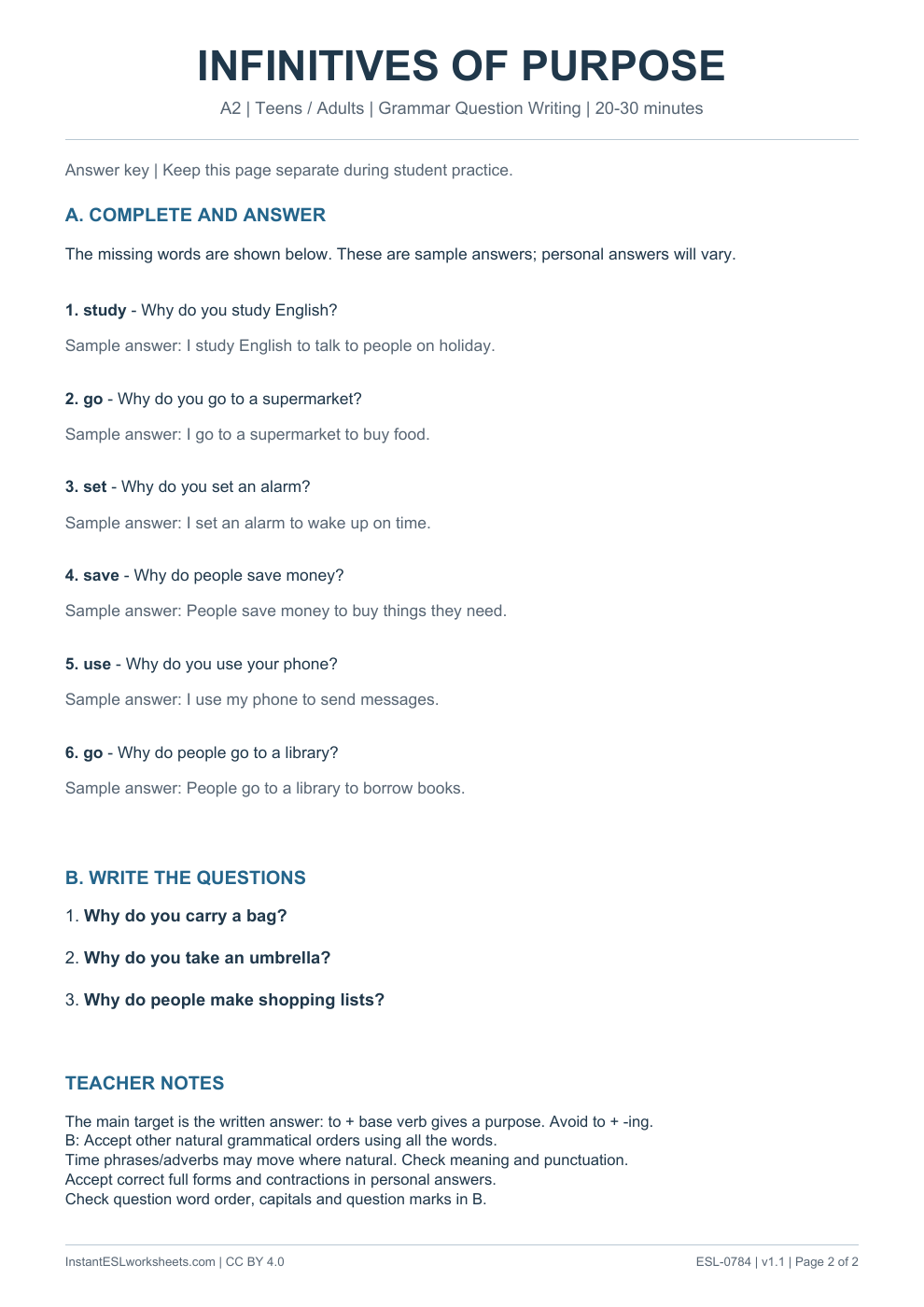 Page 2 of Infinitives of Purpose - Grammar Question Writing - answer key