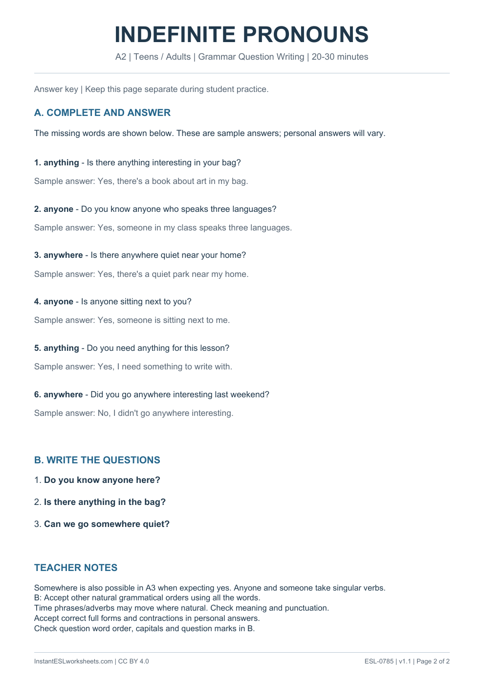 Page 2 of Indefinite Pronouns - Grammar Question Writing - answer key
