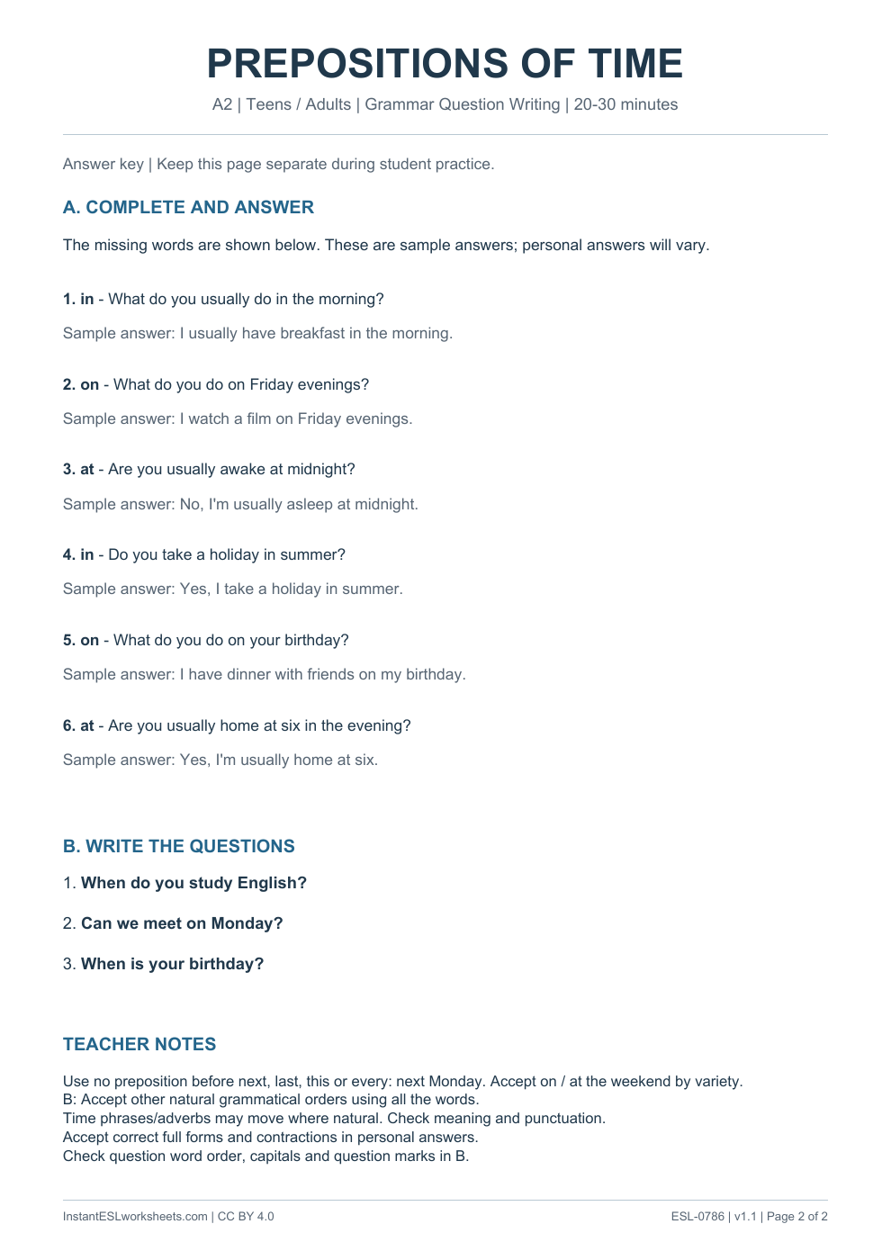 Page 2 of Prepositions of Time - Grammar Question Writing - answer key