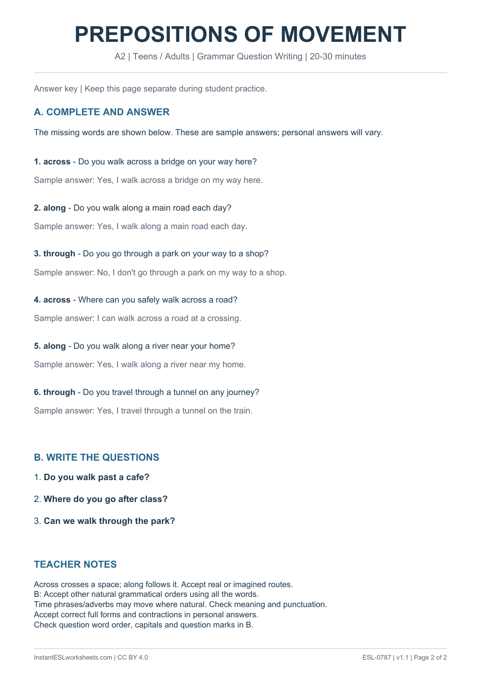 Page 2 of Prepositions of Movement - Grammar Question Writing - answer key