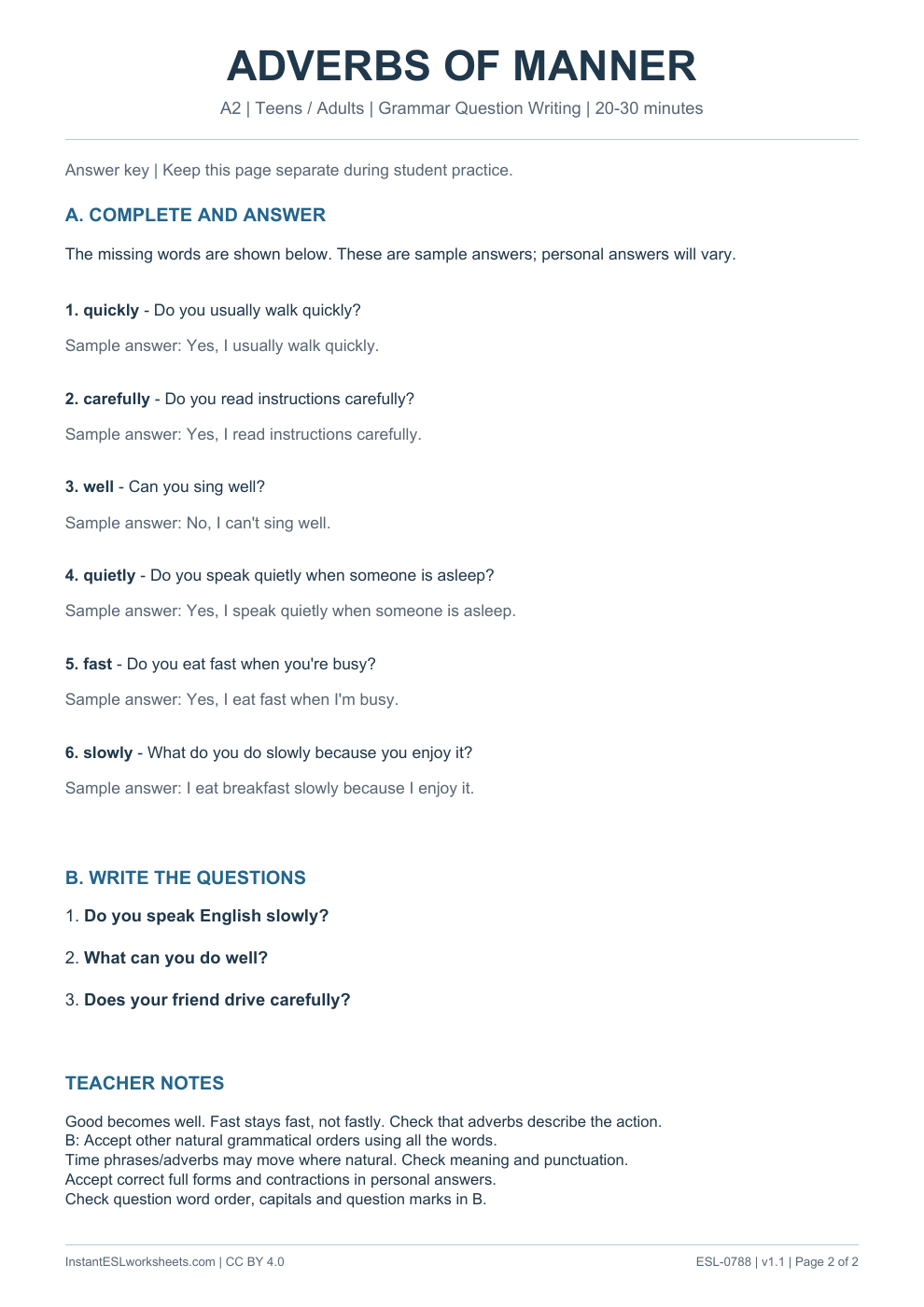 Page 2 of Adverbs of Manner - Grammar Question Writing - answer key