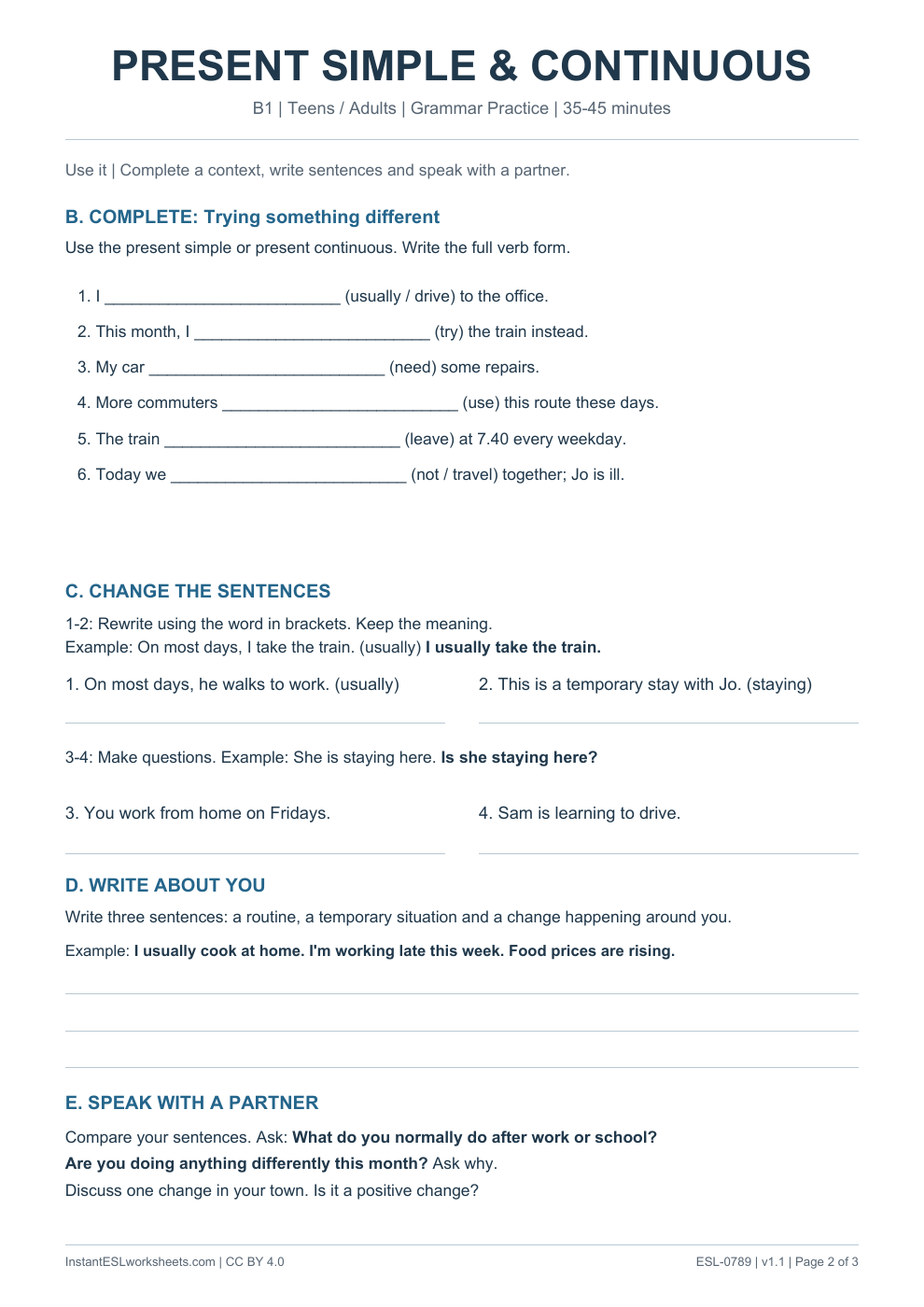 Page 2 of Present Simple and Present Continuous - Grammar Practice