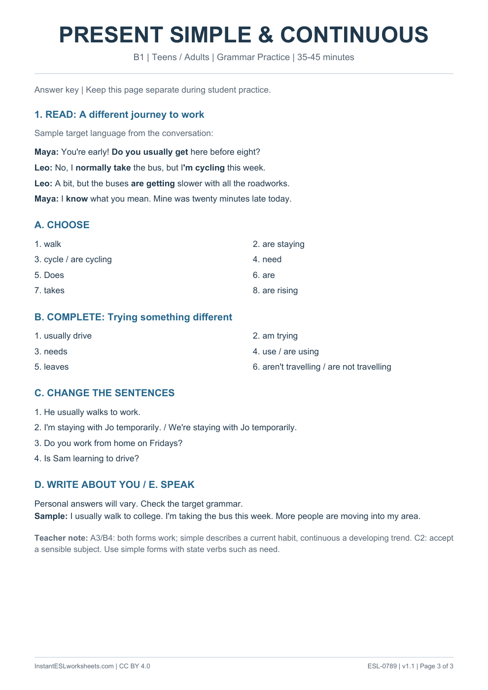 Page 3 of Present Simple and Present Continuous - Grammar Practice - answer key