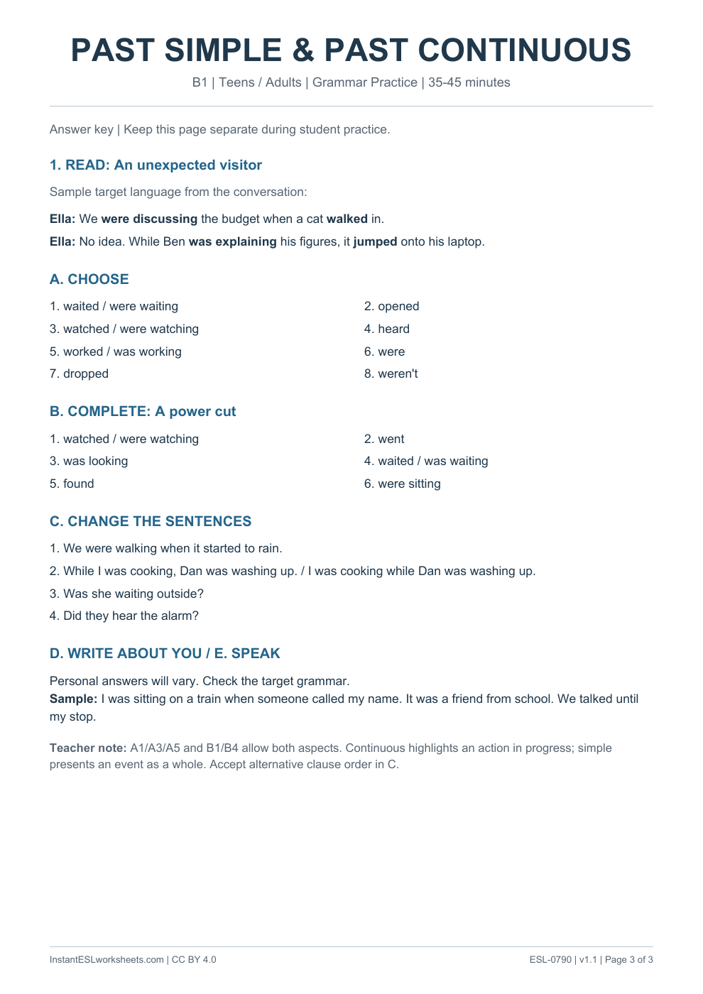 Page 3 of Past Simple and Past Continuous - Grammar Practice - answer key