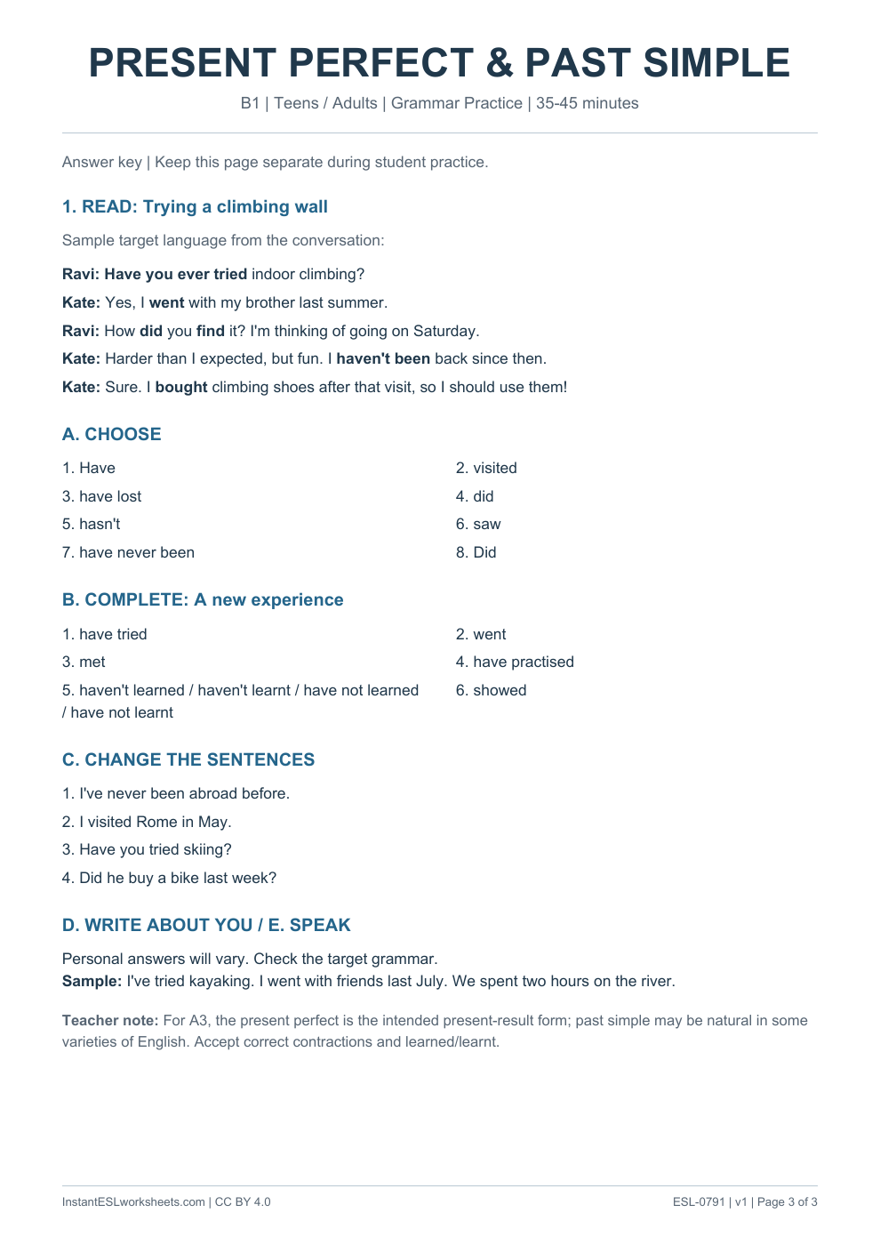 Page 3 of Present Perfect and Past Simple - Grammar Practice - answer key