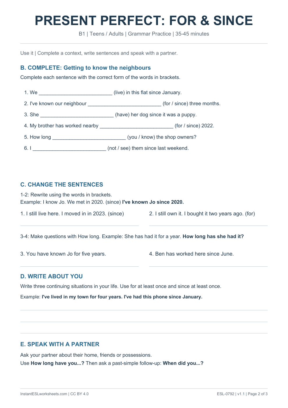 Page 2 of Present Perfect For and Since - Grammar Practice