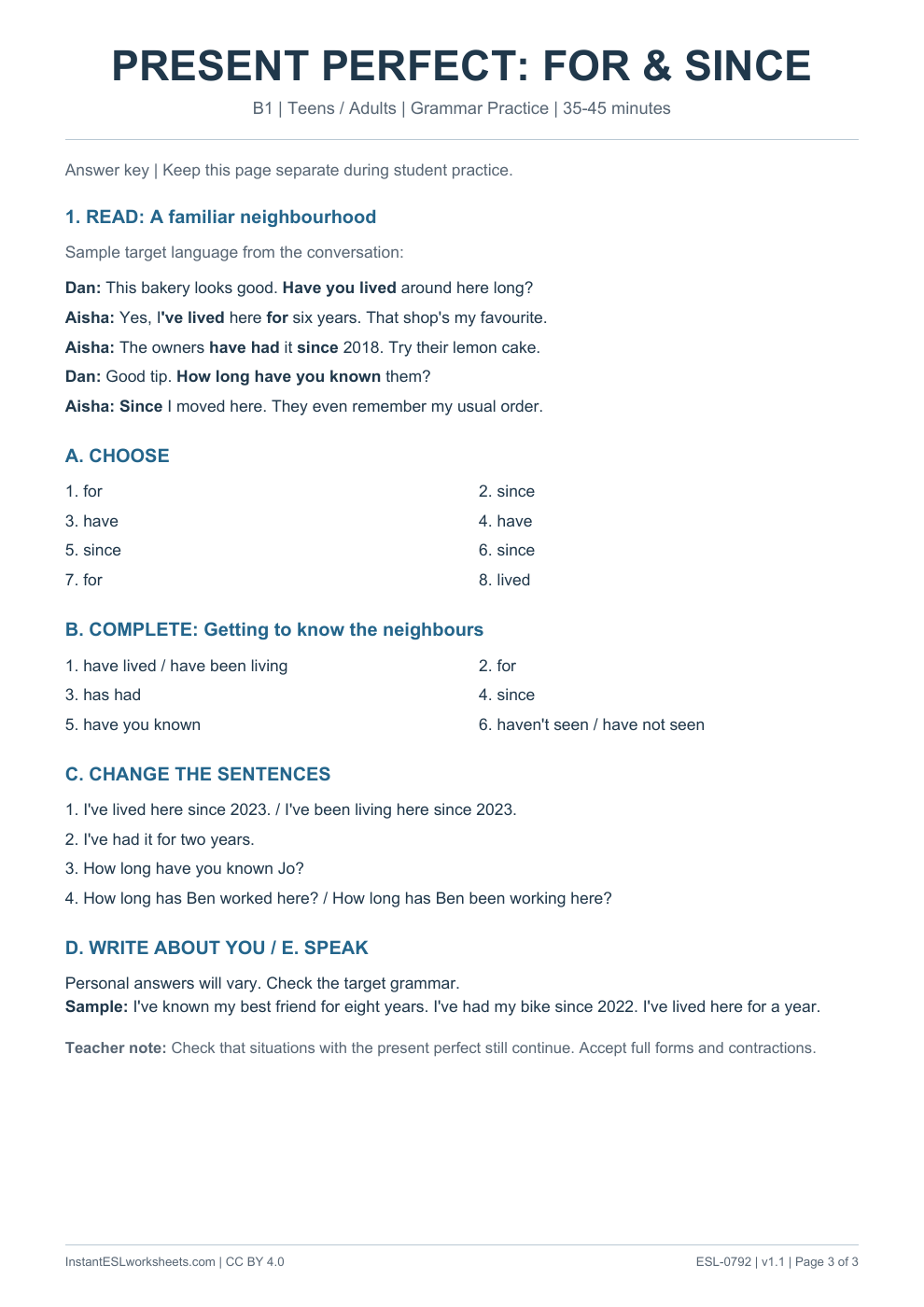 Page 3 of Present Perfect For and Since - Grammar Practice - answer key