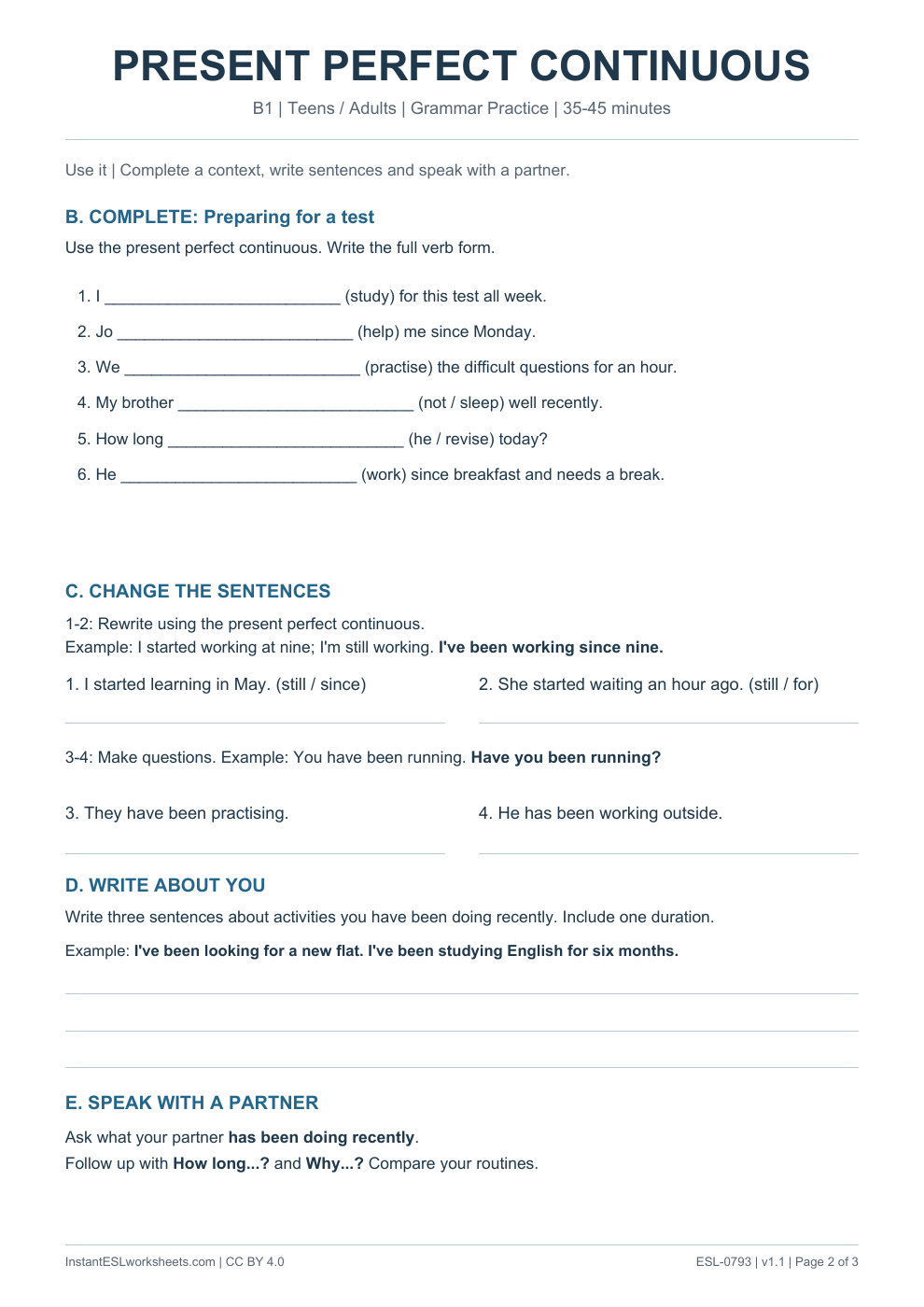 Page 2 of Present Perfect Continuous - Grammar Practice