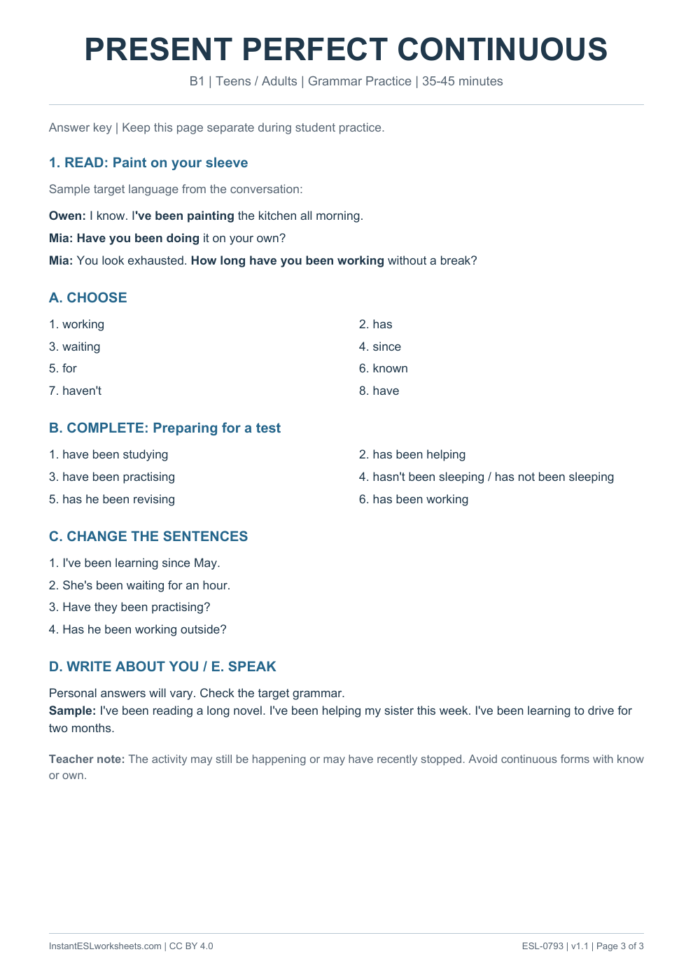 Page 3 of Present Perfect Continuous - Grammar Practice - answer key