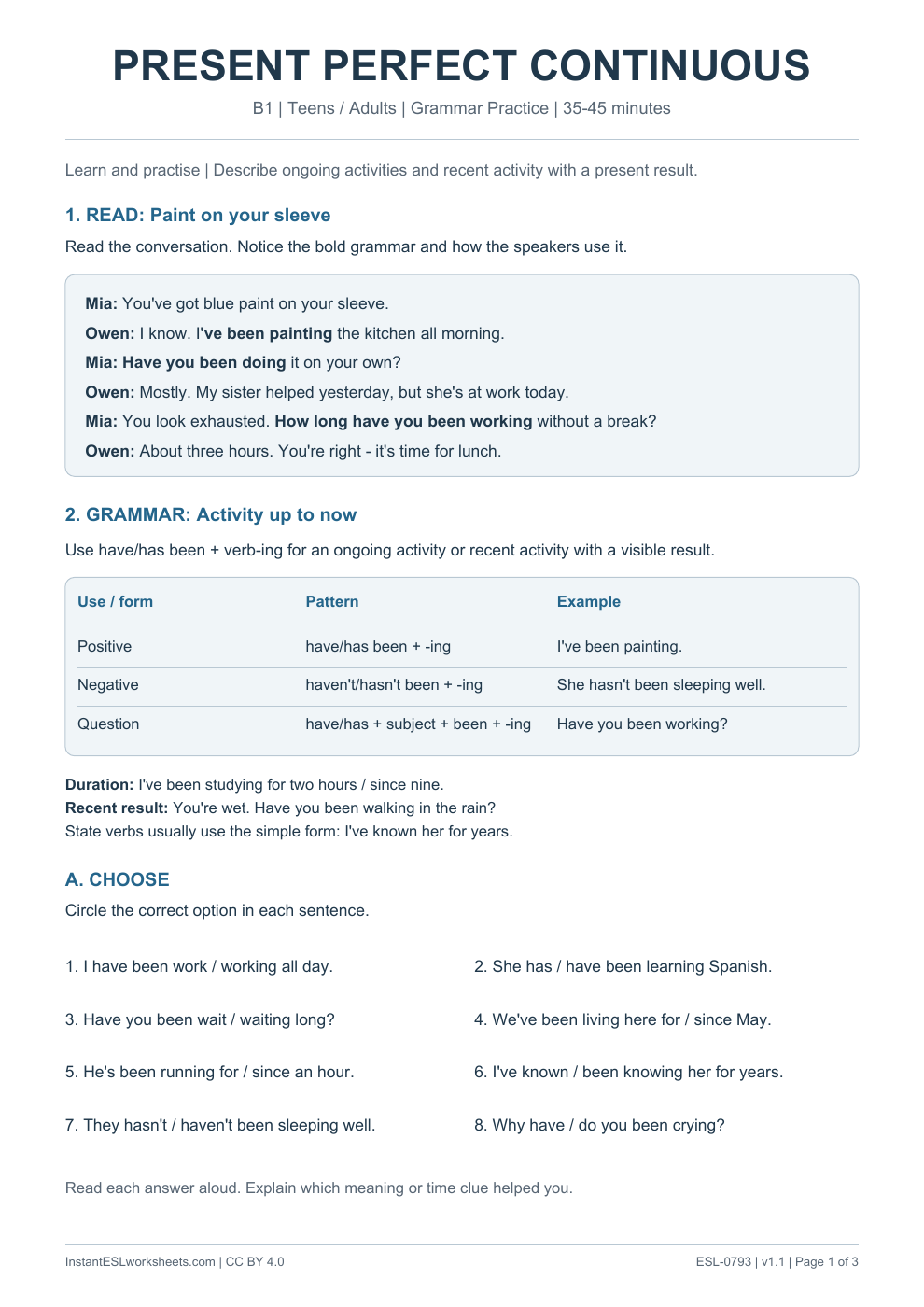 Page 1 of Present Perfect Continuous - Grammar Practice