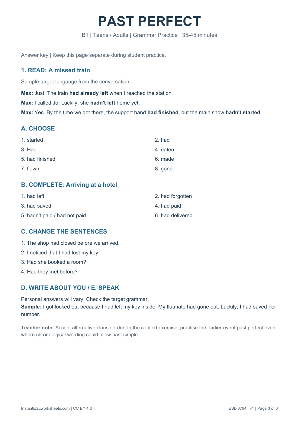 Page 3 of Past Perfect - Grammar Practice - answer key