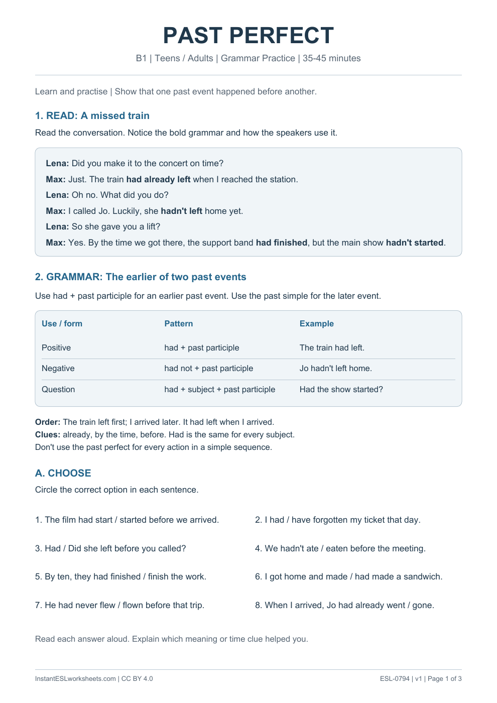 Page 1 of Past Perfect - Grammar Practice