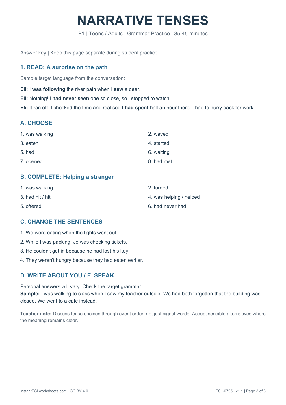 Page 3 of Narrative Tenses - Grammar Practice - answer key