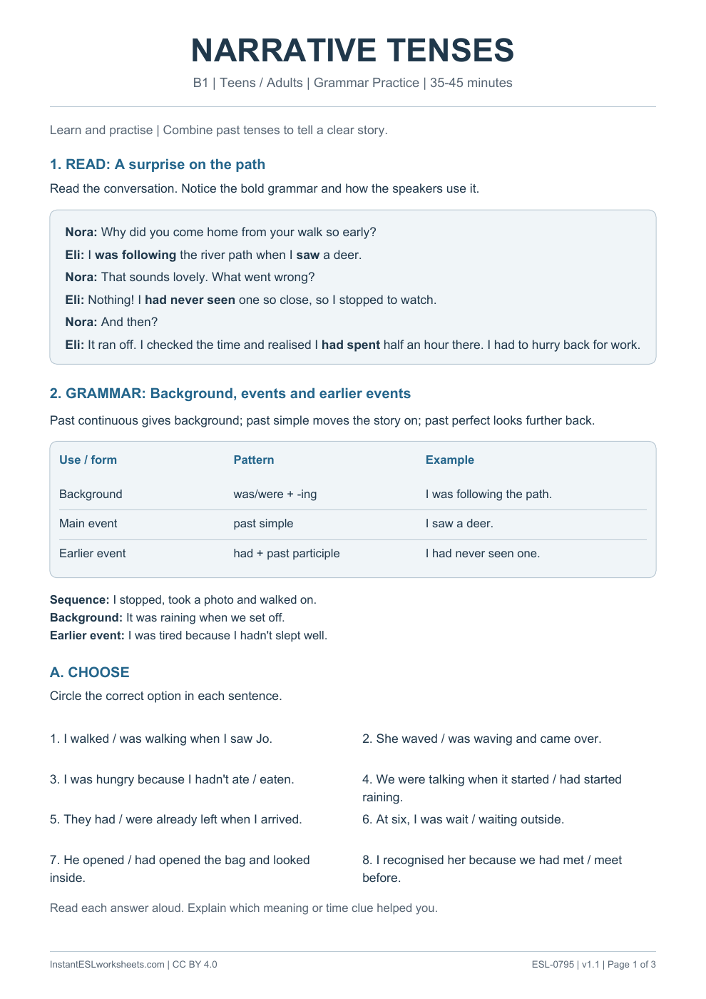 Page 1 of Narrative Tenses - Grammar Practice