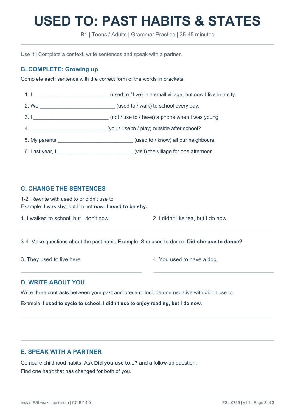 Page 2 of Used To Past Habits and States - Grammar Practice