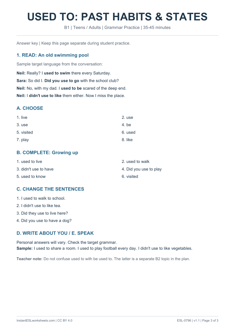 Page 3 of Used To Past Habits and States - Grammar Practice - answer key