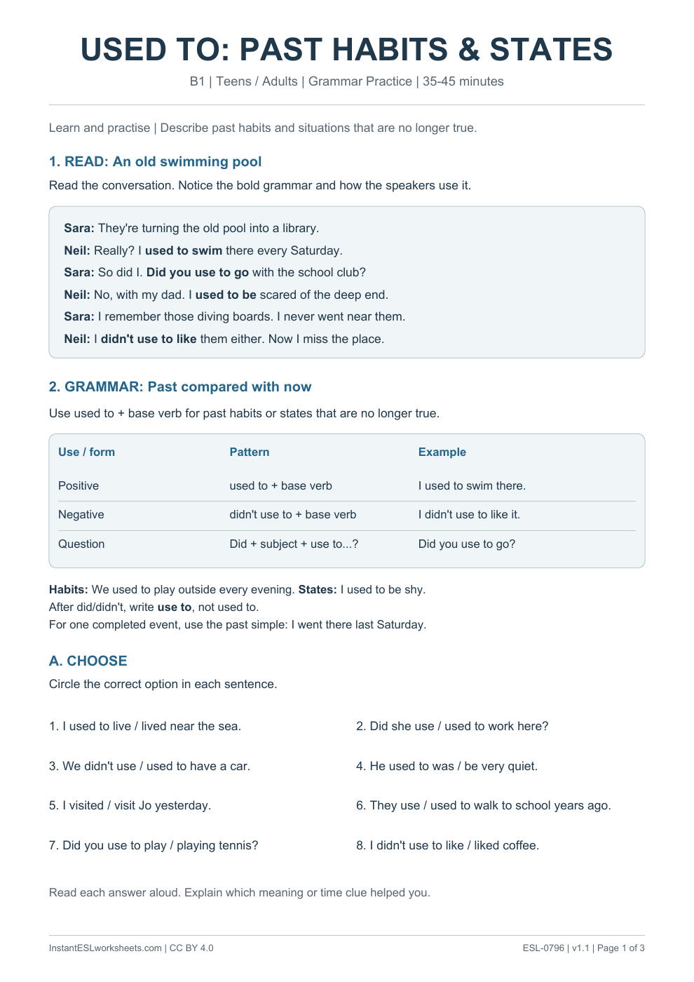 Page 1 of Used To Past Habits and States - Grammar Practice
