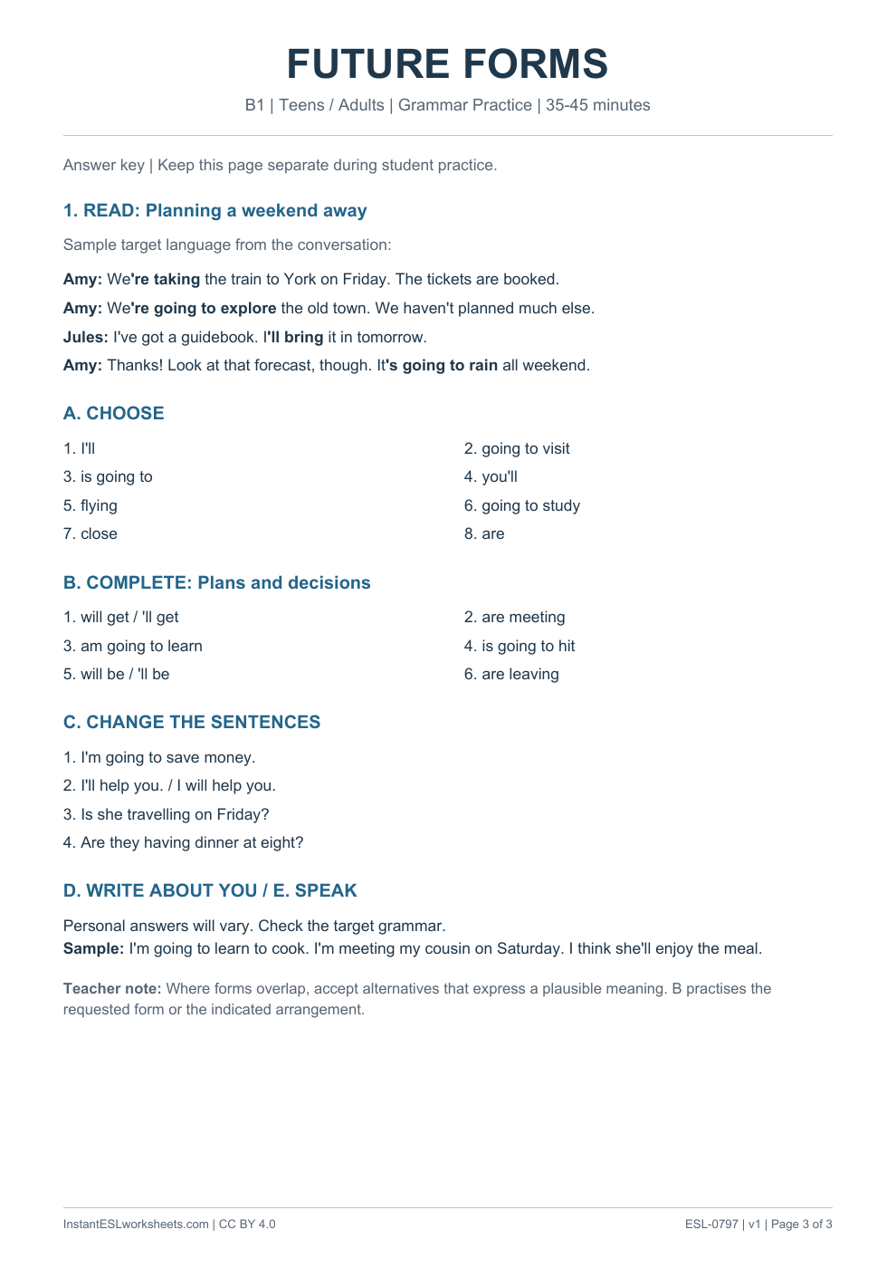 Page 3 of Future Forms - Grammar Practice - answer key