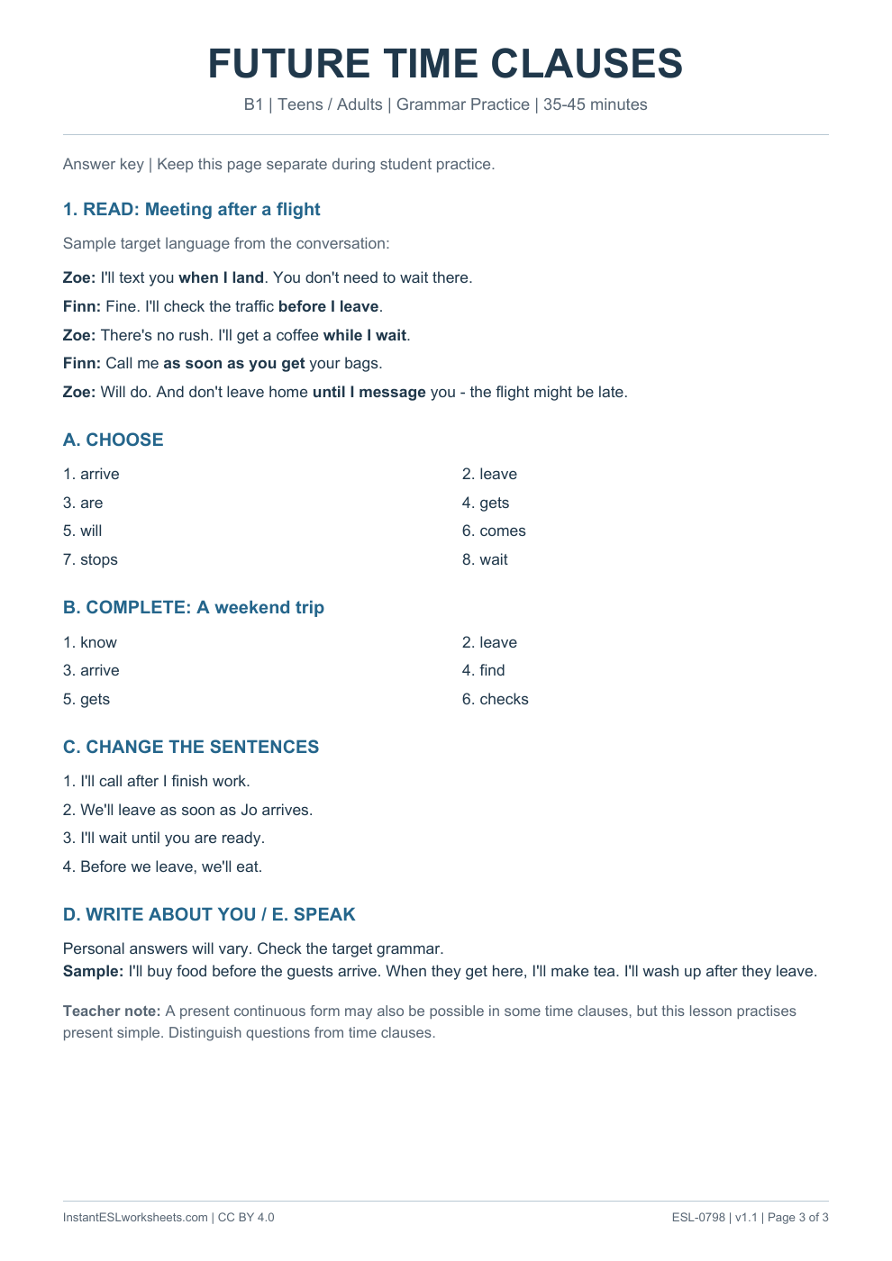 Page 3 of Future Time Clauses - Grammar Practice - answer key